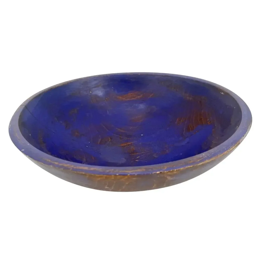 large wooden BOWL distressed blue 13